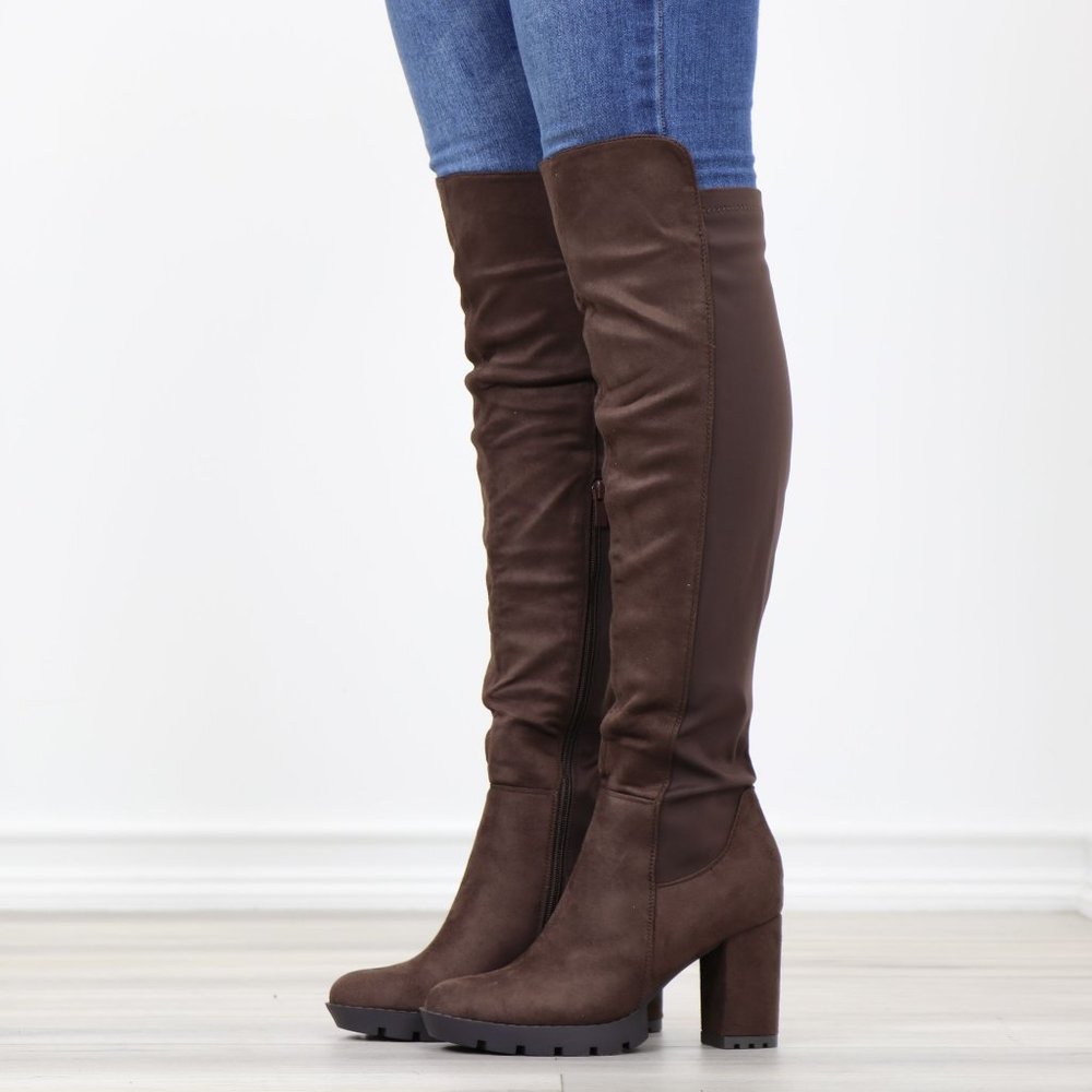 Brown Thigh High Over The Knee Lug Block Heel Boots Faux Suede Round Toe - Picture 15 of 16